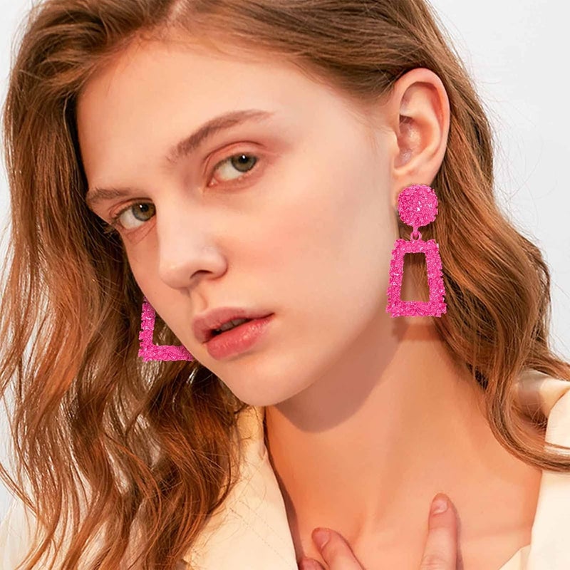 Jstyle Gold Statement Clip On Earrings for Women, Big Rectangle Geometric Dangle Clip Earrings Fashion Large Gold Silver Hot Pink Drop Earrings for Women Non Pierced - Image 2